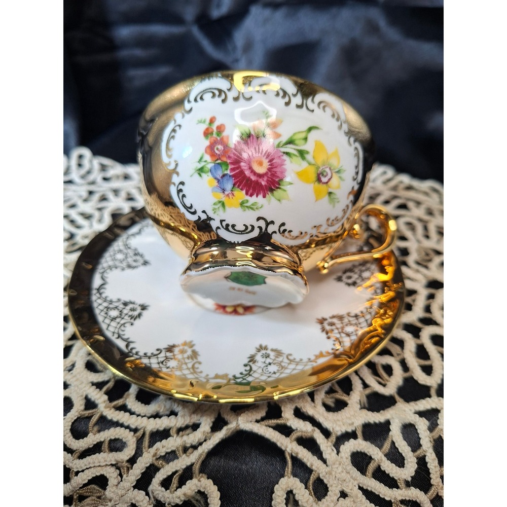STW Bavaria Germany 24Kt Gold Floral Tea Cup and Saucer Set Vintage Porcelain